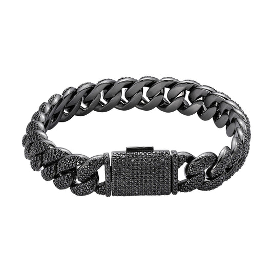 Sterling Silver 12mm Round Black Moissanite Miami Cuban 8 Inch Mens Bracelet BP+BP 7-3/4 Cttw