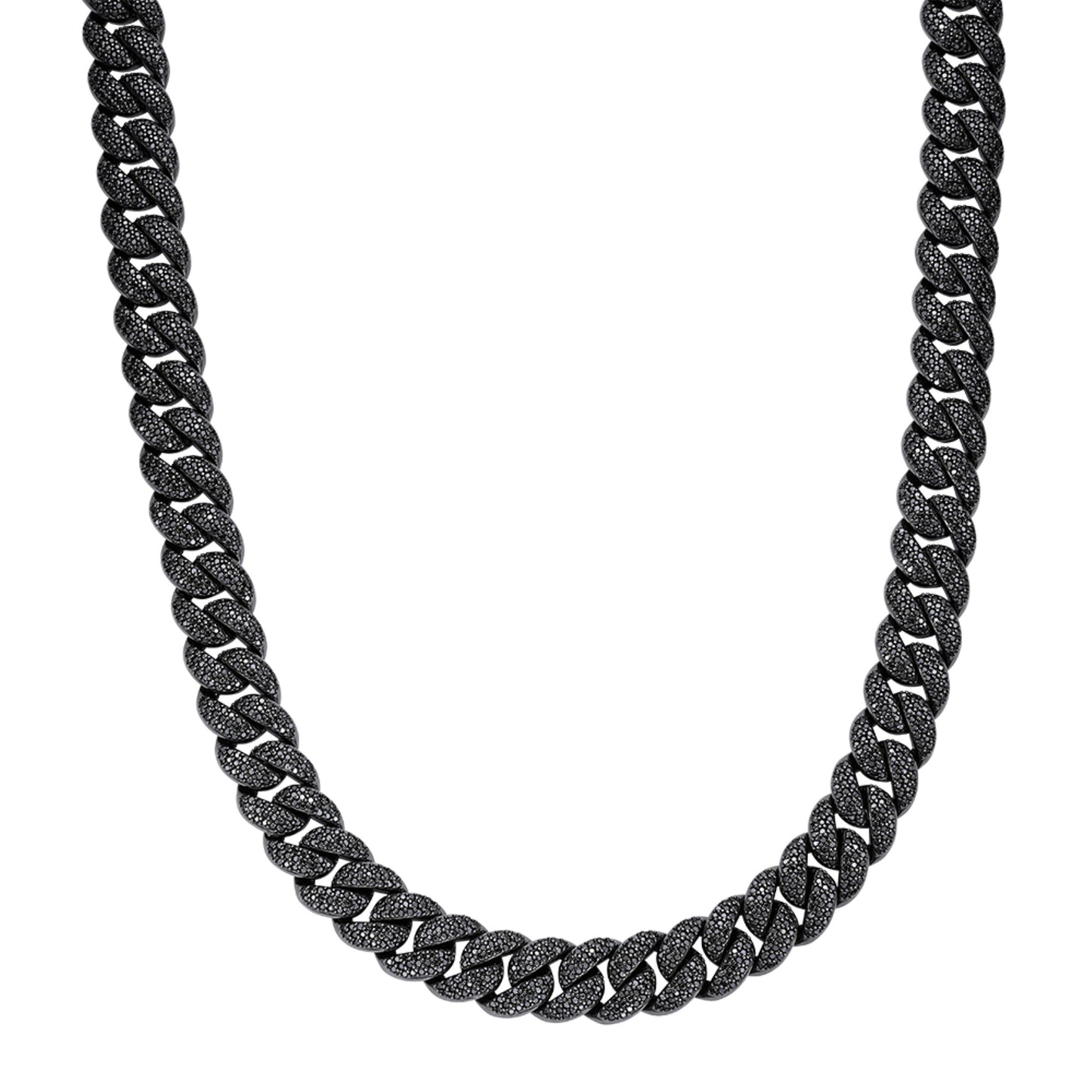 Sterling Silver 15mm Round Black Moissanite Miami Cuban Chain 22 Inch Mens Necklace BP+BP 27-1/3 Cttw