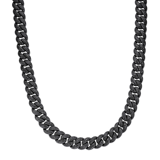 Sterling Silver 15mm Round Black Moissanite Miami Cuban Chain 22 Inch Mens Necklace BP+BP 27-1/3 Cttw
