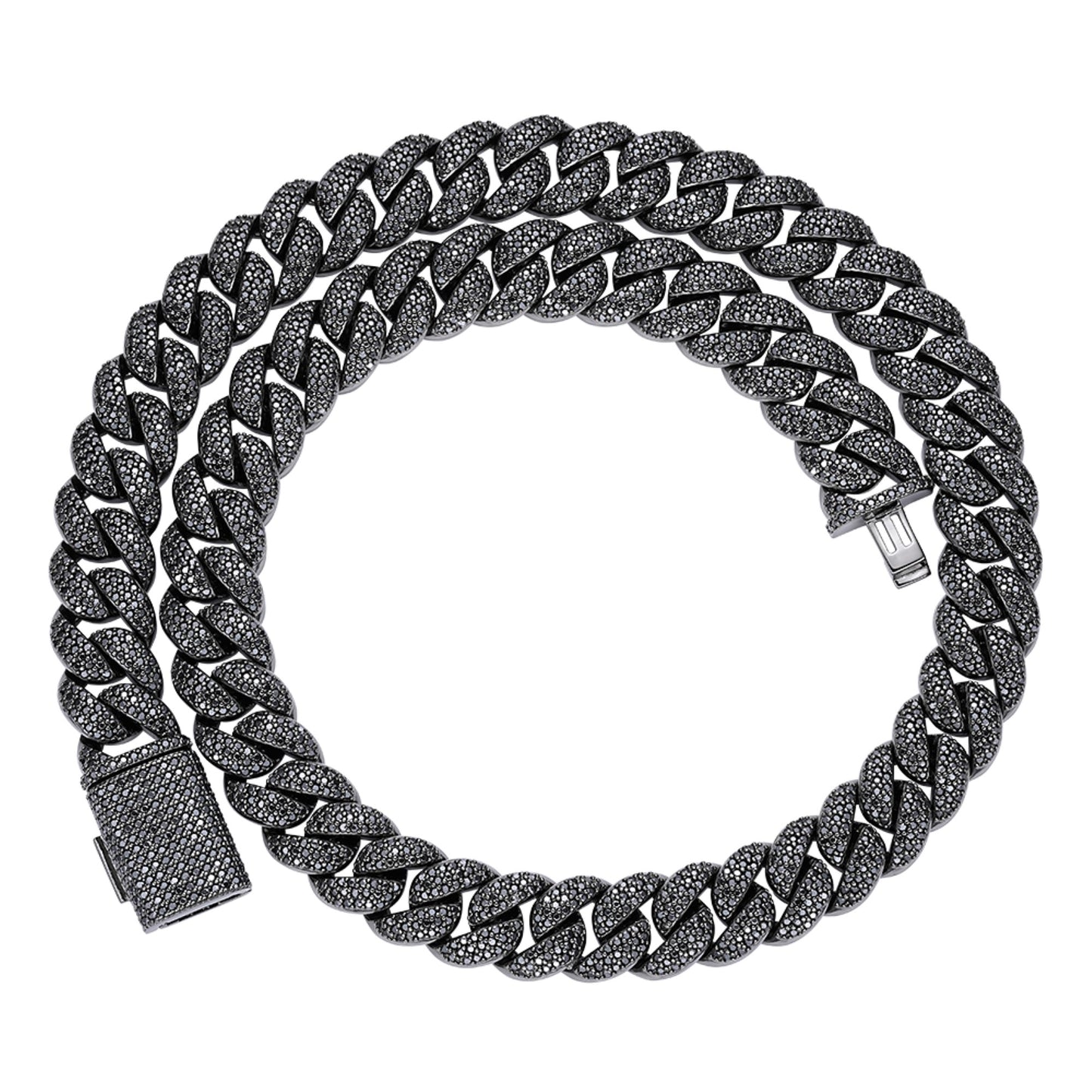 Sterling Silver 15mm Round Black Moissanite Miami Cuban Chain 22 Inch Mens Necklace BP+BP 27-1/3 Cttw