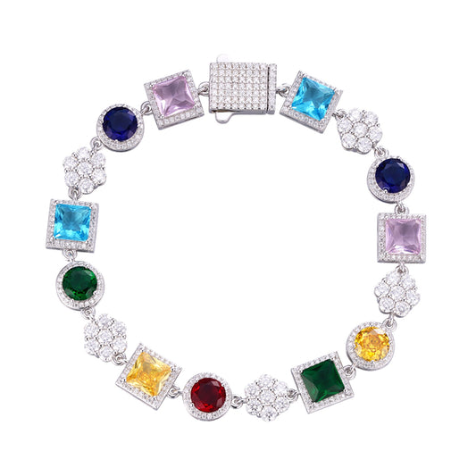 S.Silver Round Moissanite 7 Stone Flower with Color Stone Designer 8 Inch Bracelet RP 5-3/4 Cttw