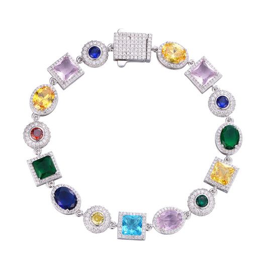 S.Silver Moissanite Round with Color Stone Designer 8 Inch Bracelet RP 5-1/5 Cttw