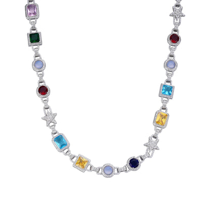 Sterling Silver Round Moissanite Star with Color Stone Designer 22 Inch Necklace RP 15-1/2 Cttw
