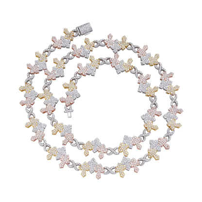 Sterling Silver Round Moissanite Infinity 3 Cross 22 Inch Religious Necklace RP+GP+PP 9-5/8 Cttw