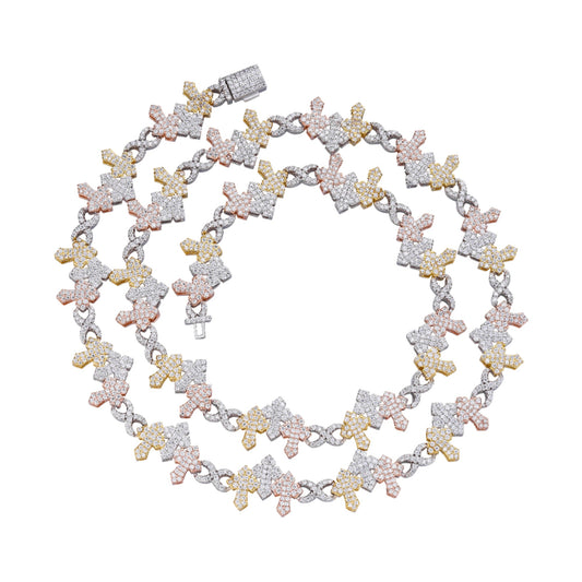 Sterling Silver Round Moissanite Infinity 3 Cross 22 Inch Religious Necklace RP+GP+PP 9-5/8 Cttw