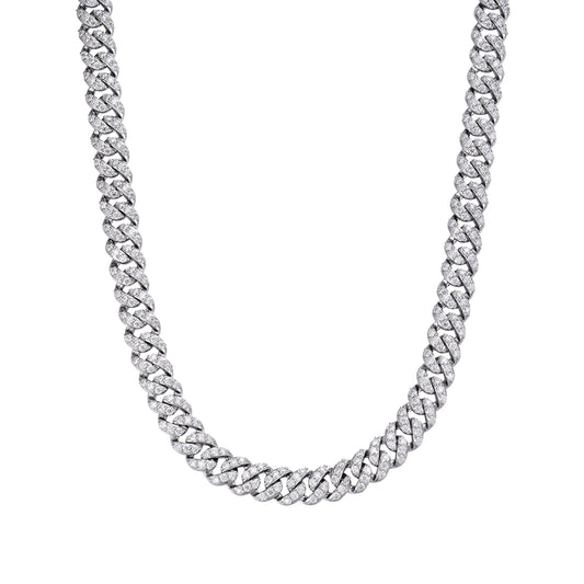 Sterling Silver 10mm Round Moissanite 1 Row Cuban 20 Inch Necklace Rhodium Plated 19-7/8 CT
