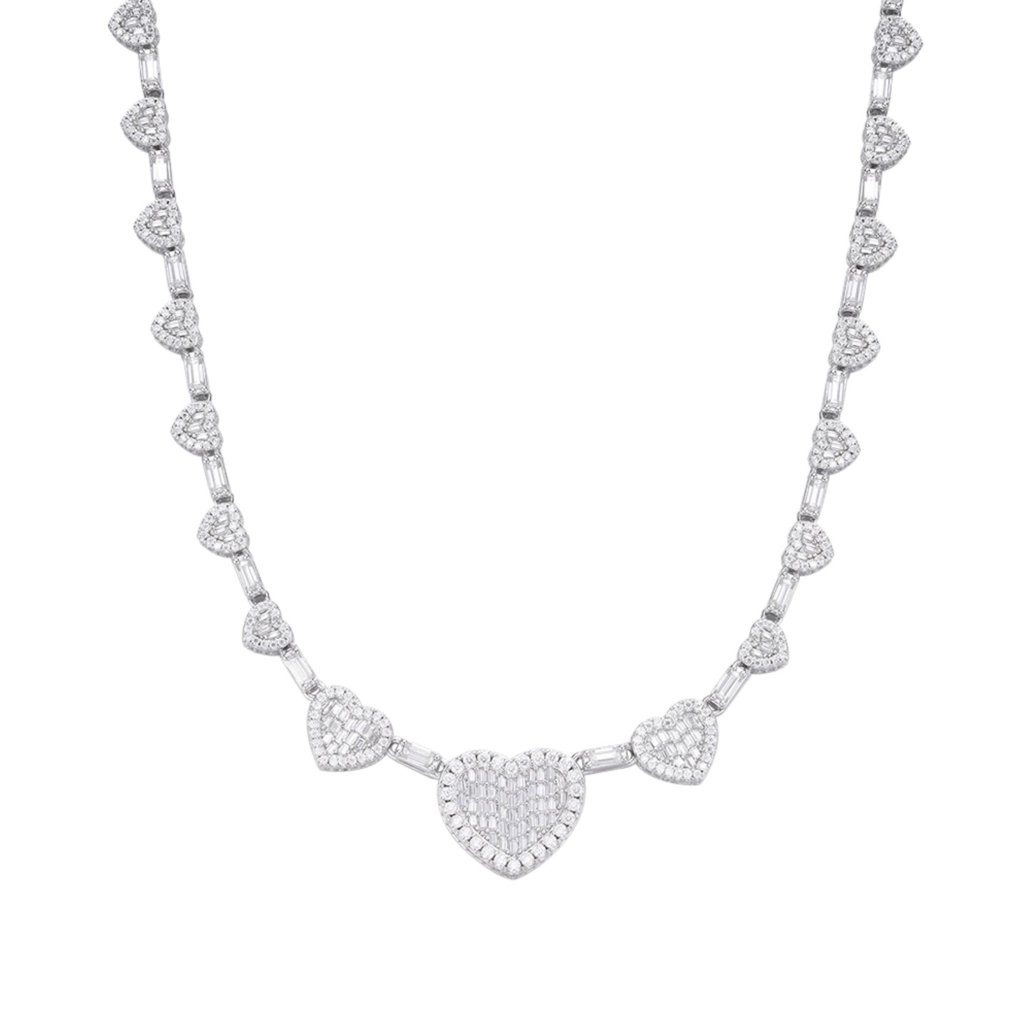Sterling Silver Round Baguette Moissanite Heart Designer 18 Inch Necklace RP 14-5/8 Cttw