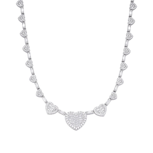 Sterling Silver Round Baguette Moissanite Heart Designer 18 Inch Necklace RP 14-5/8 Cttw