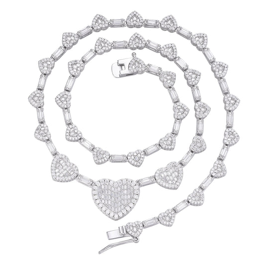 Sterling Silver Round Baguette Moissanite Heart Designer 18 Inch Necklace RP 14-5/8 Cttw