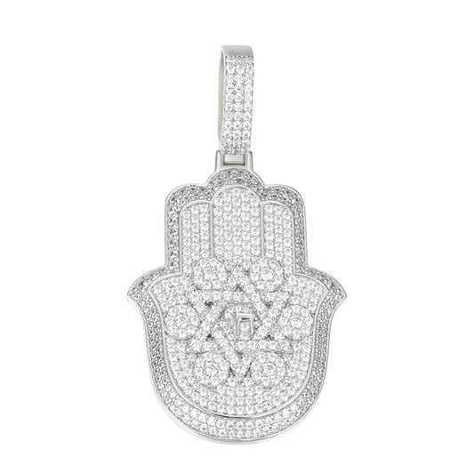 Sterling Silver Round Moissanite Hamza Hand Religious Pendant RP 3-5/8 Cttw