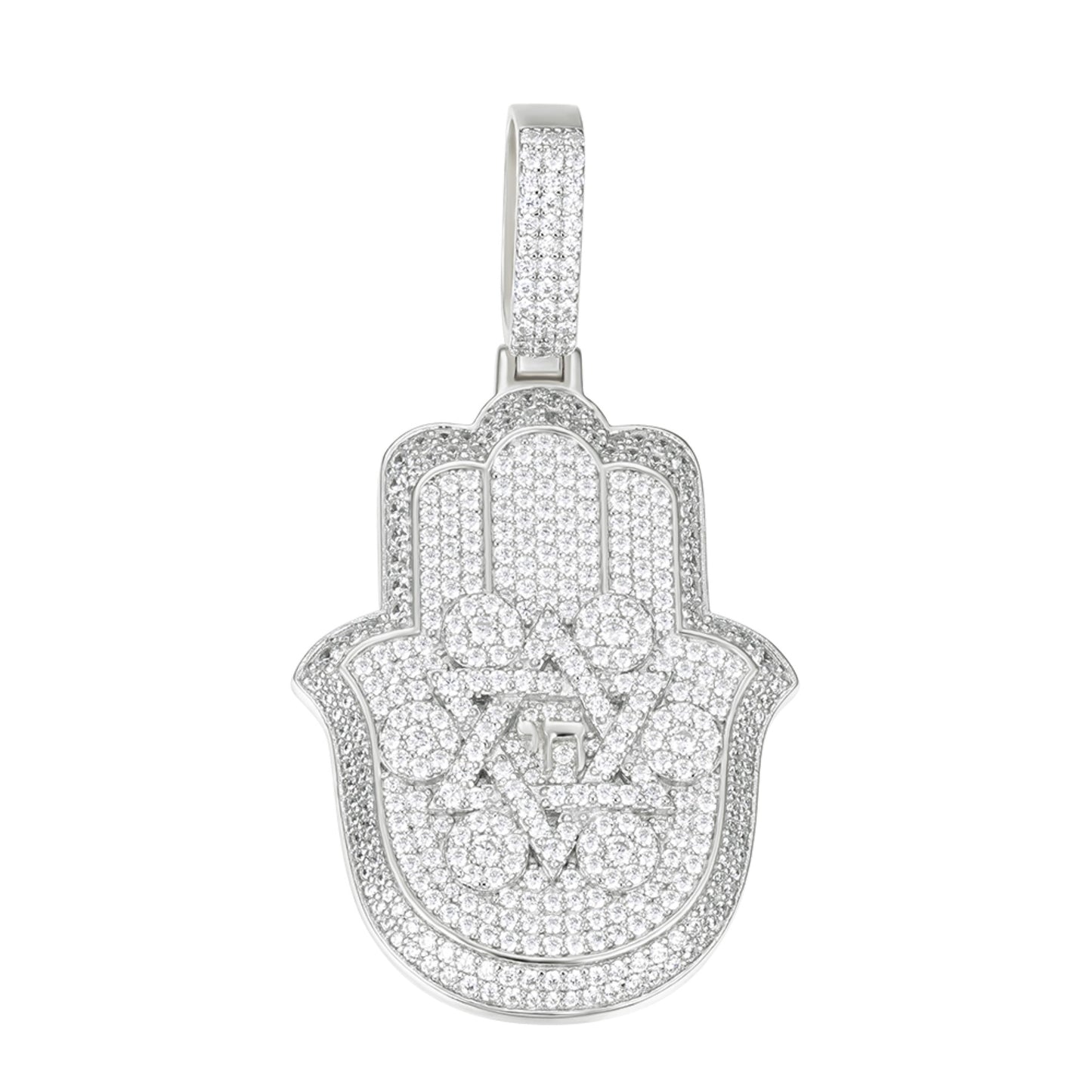 Sterling Silver Round Moissanite Hamza Hand Religious Pendant RP 3-5/8 Cttw