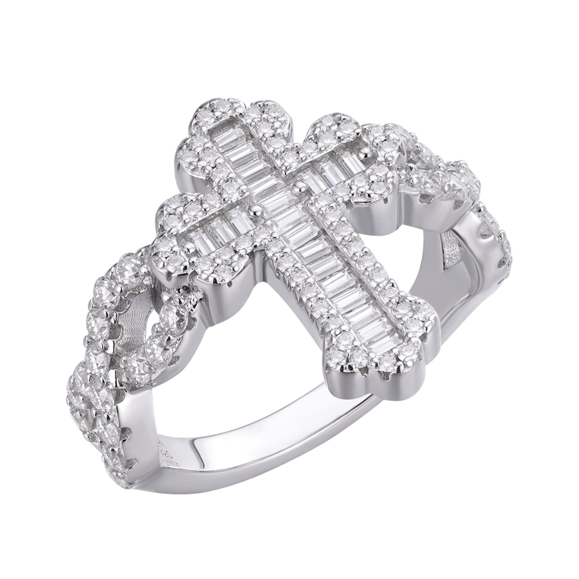 Sterling Silver Round Baguette Moissanite Cross Religious SZ 9 Ring Rhodium Plated 1-5/8 CT