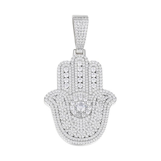 Sterling Silver Round Moissanite Hamza Hand Religious Pendant RP 4-3/8 Cttw