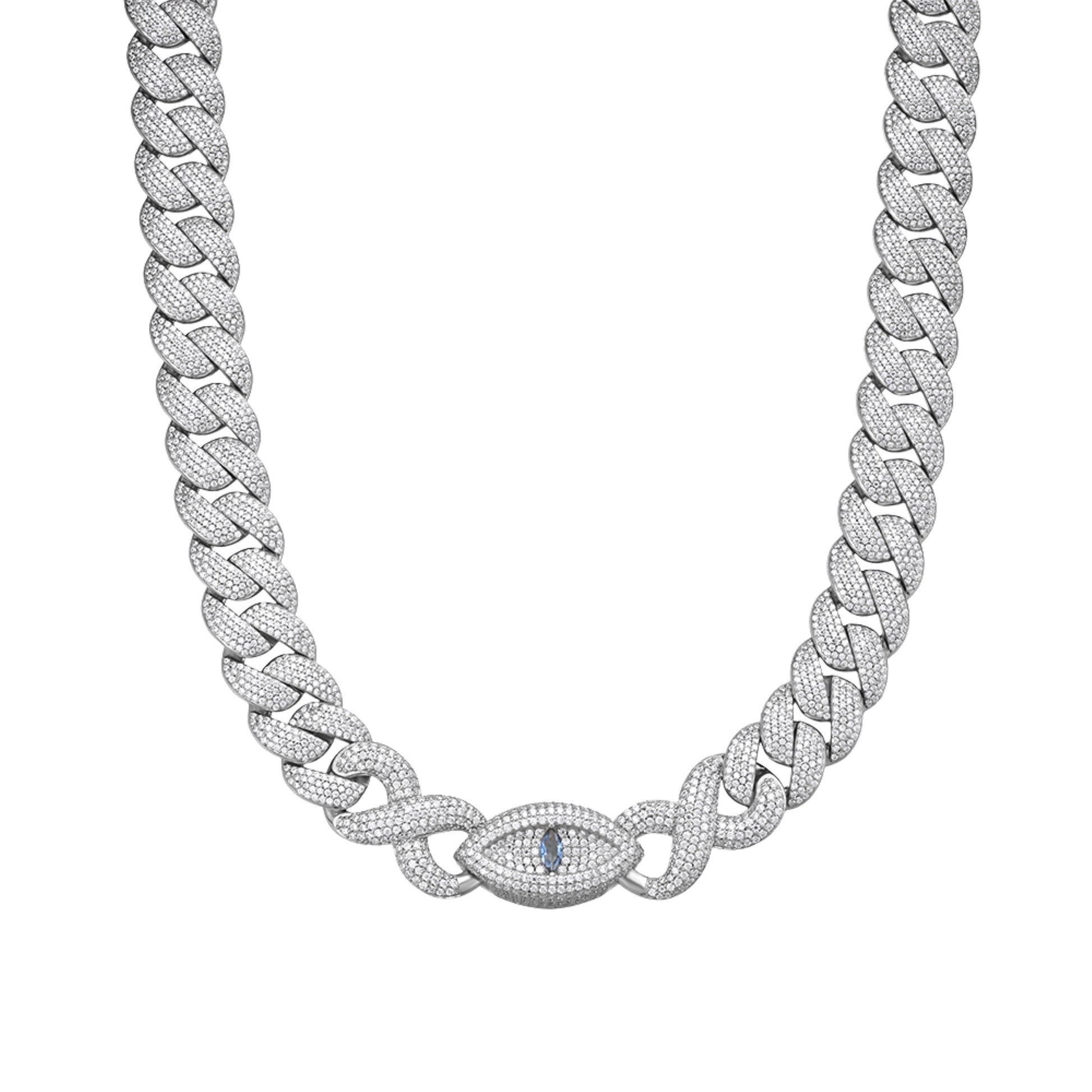 Sterling Silver Round Moissanite 18mm Inifinity Cuban With Evil Eye Designer 22 Inch Mens Necklace Rhodium Plated 35-3/4 CT