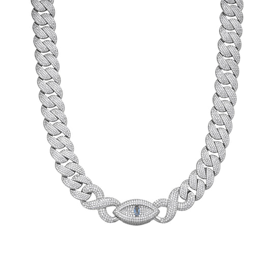 Sterling Silver Round Moissanite 18mm Inifinity Cuban With Evil Eye Designer 22 Inch Mens Necklace Rhodium Plated 35-3/4 CT