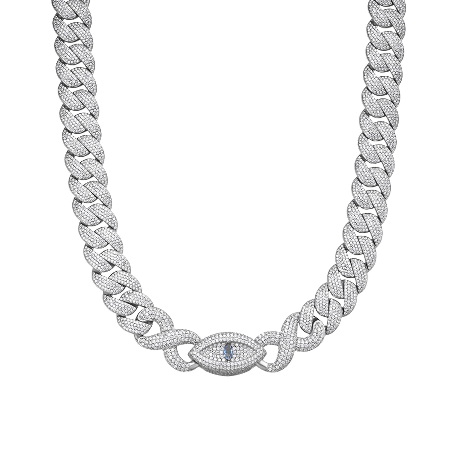 Sterling Silver Round Moissanite 18mm Inifinity Cuban With Evil Eye Designer 22 Inch Mens Necklace RP 35-3/4 Cttw