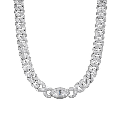 Sterling Silver Round Moissanite 18mm Inifinity Cuban With Evil Eye Designer 22 Inch Mens Necklace RP 35-3/4 Cttw