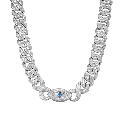 Sterling Silver Round Moissanite 15mm Inifinity Cuban With Evil Eye Designer 22 Inch Mens Necklace RP 27-1/8 Cttw