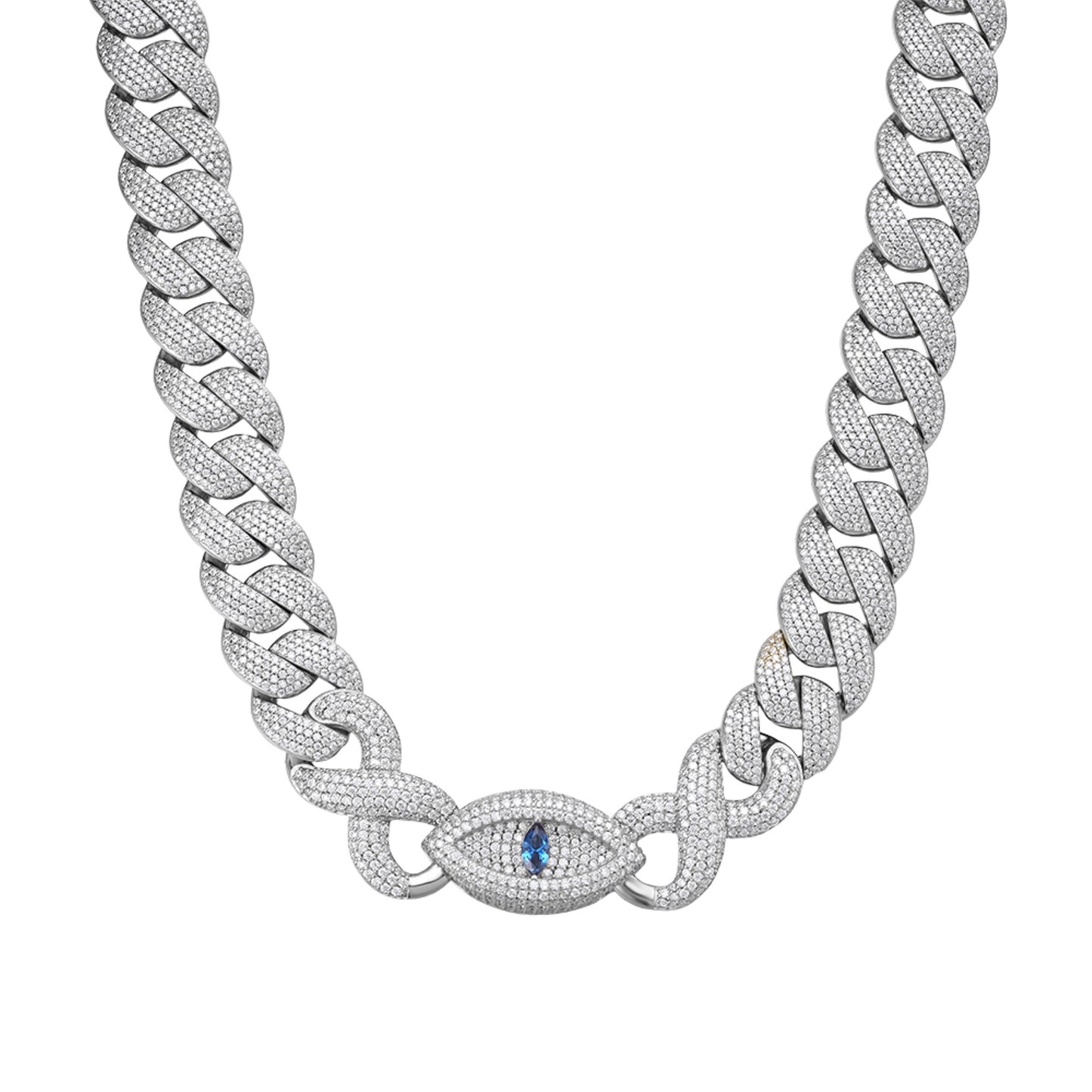 Sterling Silver Round Moissanite 15mm Inifinity Cuban With Evil Eye Designer 22 Inch Mens Necklace Rhodium Plated 27-1/8 CT