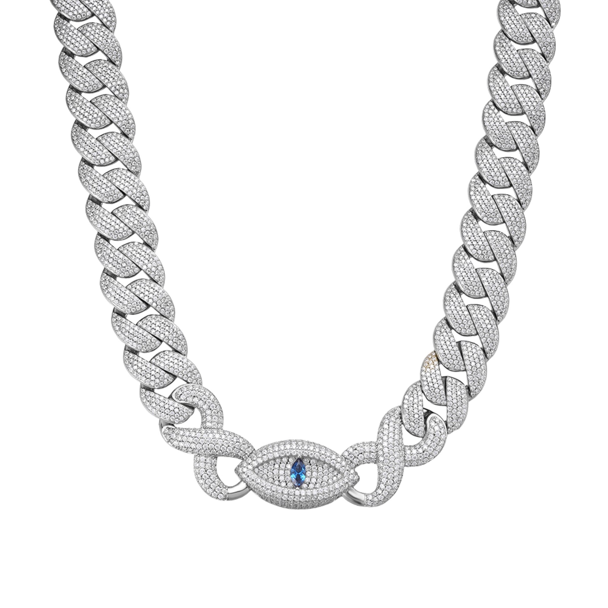 Sterling Silver Round Moissanite 15mm Inifinity Cuban With Evil Eye Designer 22 Inch Mens Necklace Rhodium Plated 27-1/8 CT