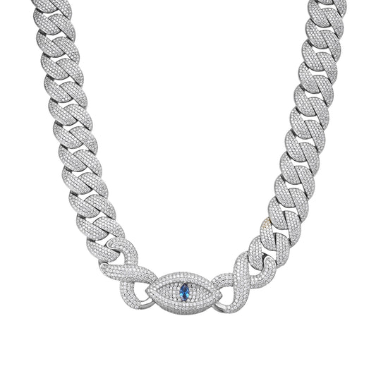 Sterling Silver Round Moissanite 15mm Inifinity Cuban With Evil Eye Designer 22 Inch Mens Necklace Rhodium Plated 27-1/8 CT