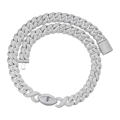 Sterling Silver Round Moissanite 15mm Inifinity Cuban With Evil Eye Designer 22 Inch Mens Necklace RP 27-1/8 Cttw