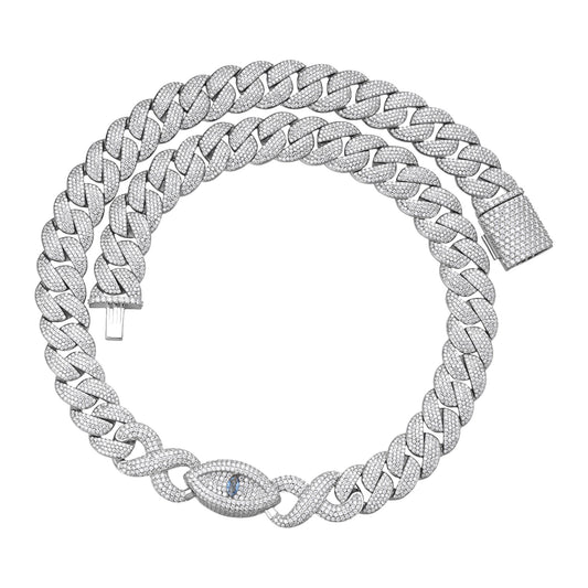 Sterling Silver Round Moissanite 15mm Inifinity Cuban With Evil Eye Designer 22 Inch Mens Necklace RP 27-1/8 Cttw