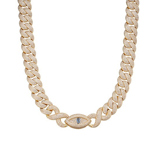 Sterling Silver Round Moissanite 15mm Inifinity Cuban With Evil Eye Designer 22 Inch Mens Necklace GP 27-1/8 Cttw