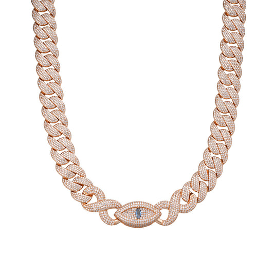 Sterling Silver Round Moissanite 15mm Inifinity Cuban With Evil Eye Designer 22 Inch Mens Necklace PP 27-1/8 Cttw