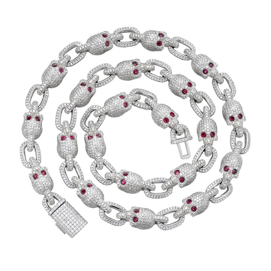 Sterling Silver Round Moissanite With Red Eyes Skull 22 Inch Necklace RP 30-3/4 Cttw