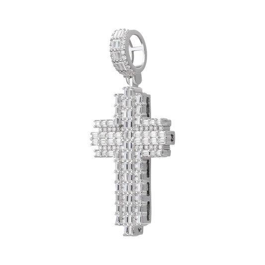 Sterling Silver 30mm Round Baguette Moissanite Cross Religious Pendant RP 2-3/4 Cttw