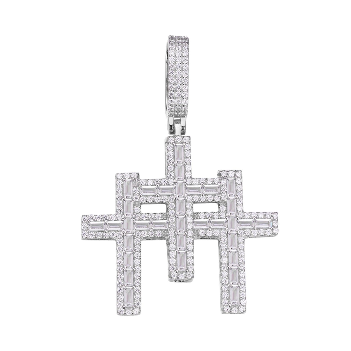 Sterling Silver 30mm Round Baguette Moissanite 3 Cross Religious Pendant Rhodium Plated 3-3/8 CT