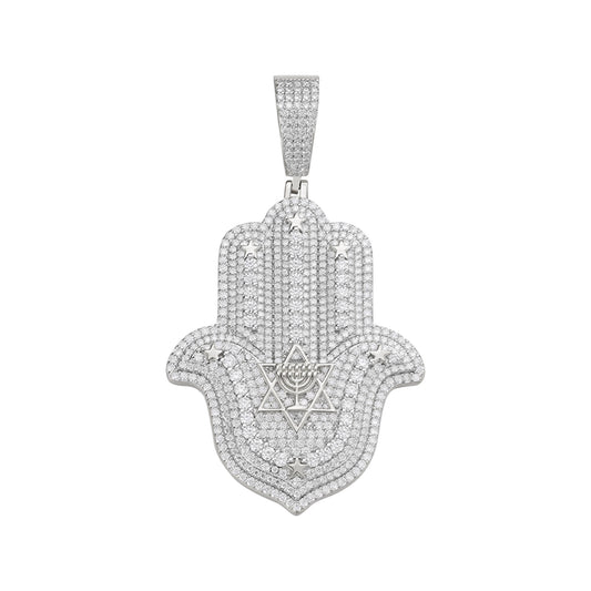 Sterling Silver Round Moissanite Hamza Hand Religious Pendant RP 4-5/8 Cttw
