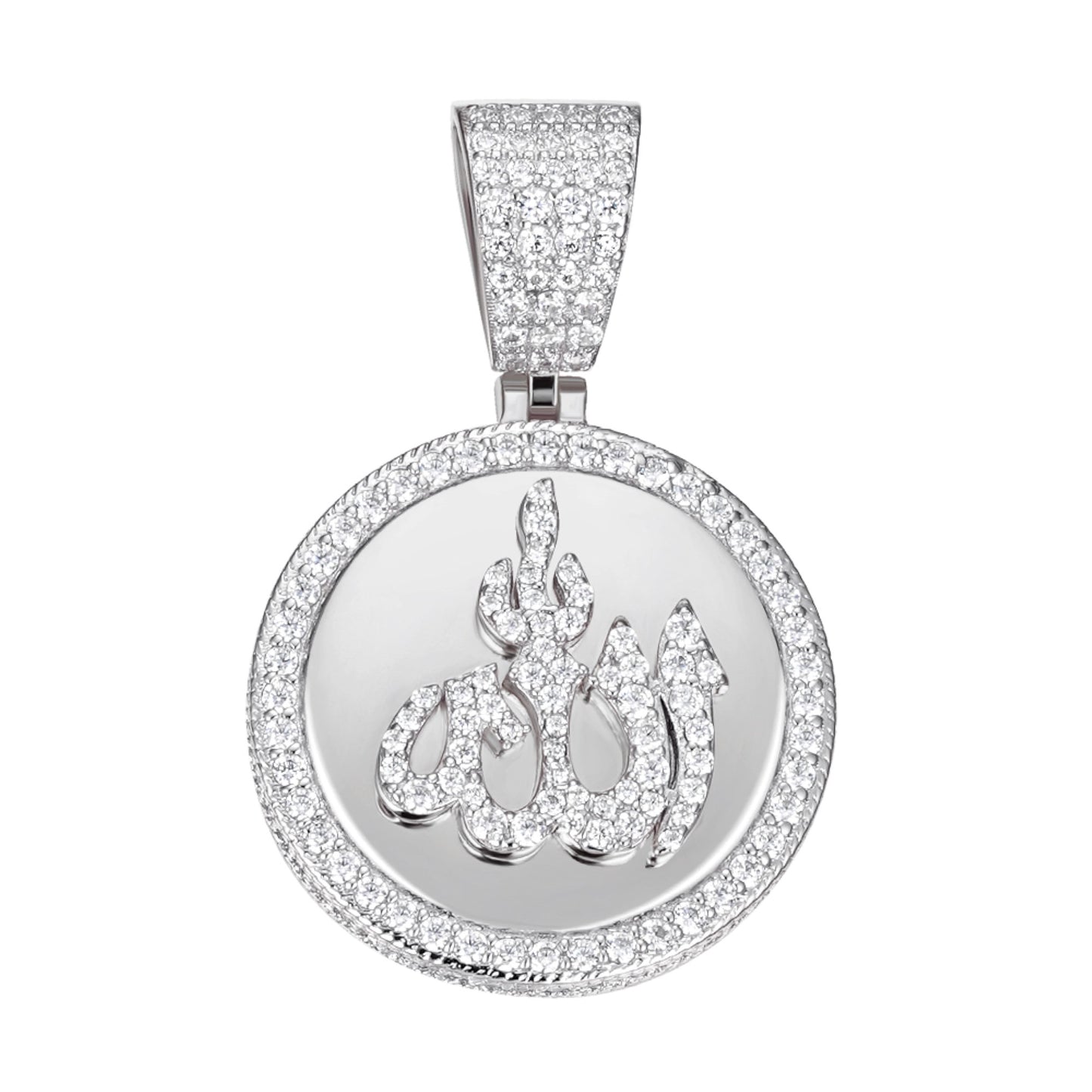 Sterling Silver 35mm Round Moissanite Muslim God Allah Religious Pendant RP 4-5/8 Cttw