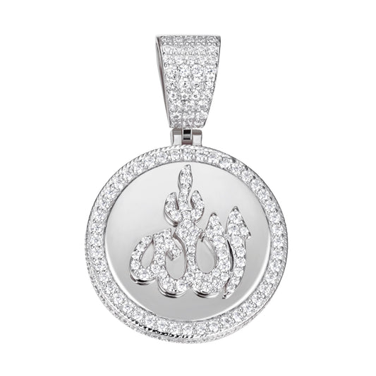 Sterling Silver 35mm Round Moissanite Muslim God Allah Religious Pendant Rhodium Plated 4-5/8 CT