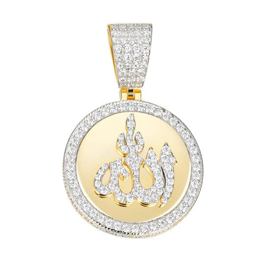 Sterling Silver 35mm Round Moissanite Muslim God Allah Religious Pendant Rhodium Plated & Gold Plated 4-5/8 CT