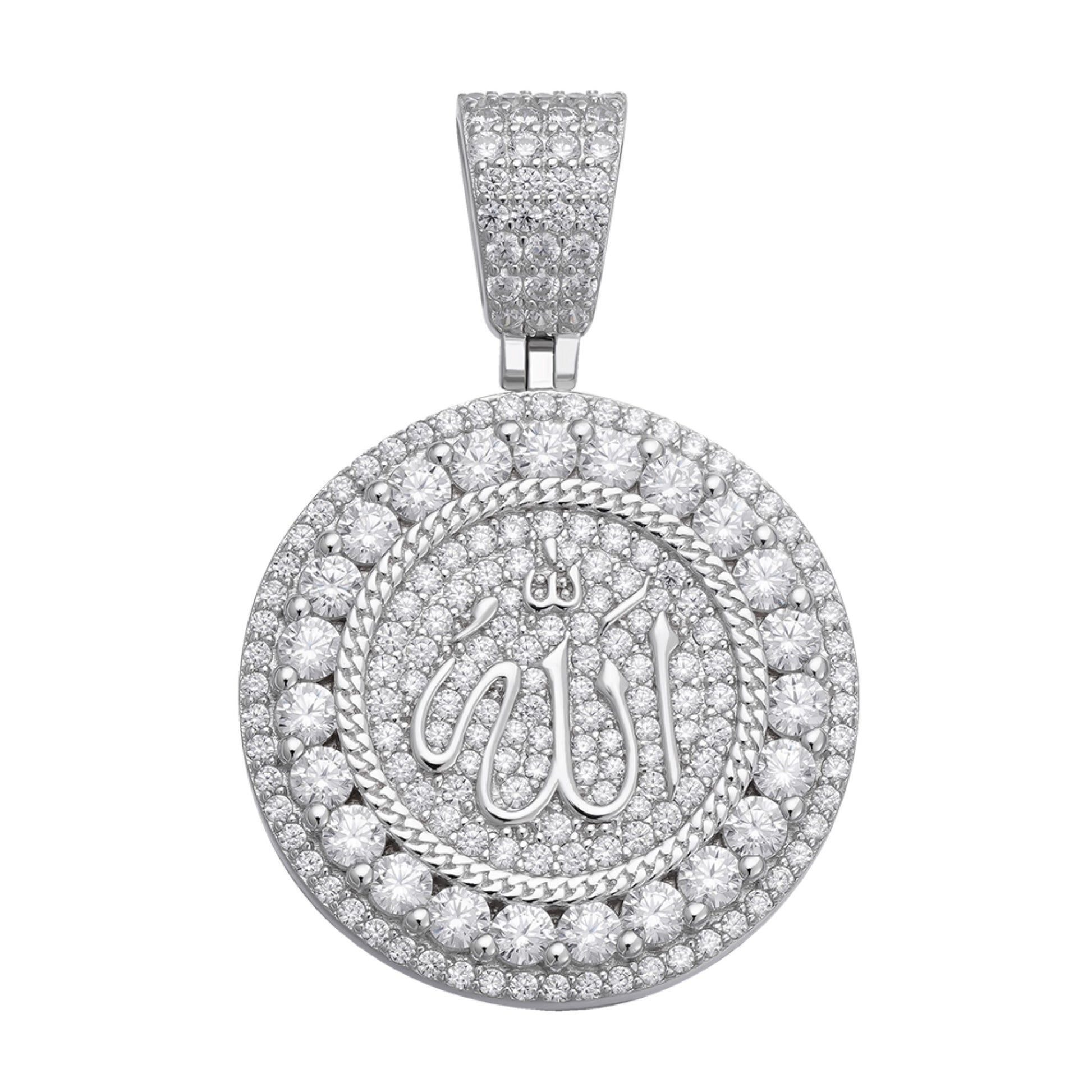 Sterling Silver 35mm Round Moissanite Muslim God Allah Religious Pendant Rhodium Plated 8 CT