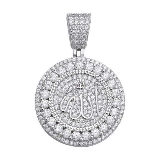 Sterling Silver 35mm Round Moissanite Muslim God Allah Religious Pendant Rhodium Plated 8 CT