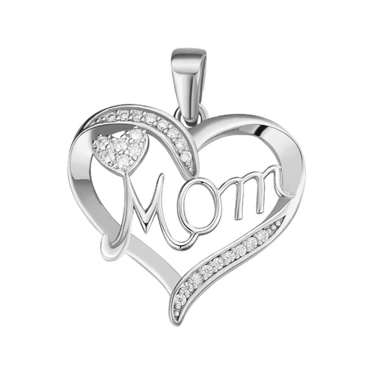 Sterling Silver Round Moissanite MOM Heart Designer Pendant Rhodium Plated 1/8 CT