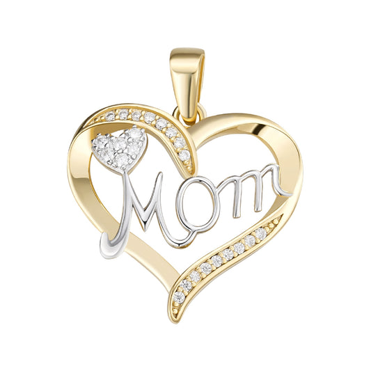 Sterling Silver Round Moissanite MOM Heart Designer Pendant Rhodium Plated & Gold Plated 1/8 CT