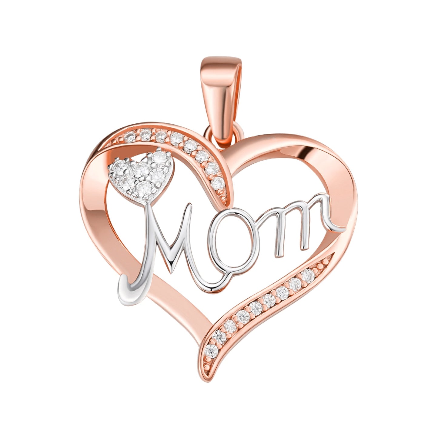 Sterling Silver Round Moissanite MOM Heart Designer Pendant Rhodium Plated Rose Gold Plated 1/8 CT