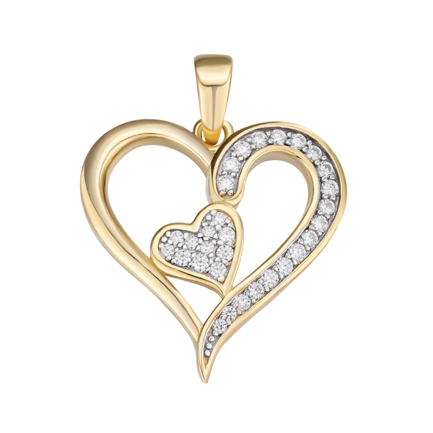 Sterling Silver Round Moissanite Double Heart Designer Pendant Rhodium Plated & Gold Plated 1/4 CT