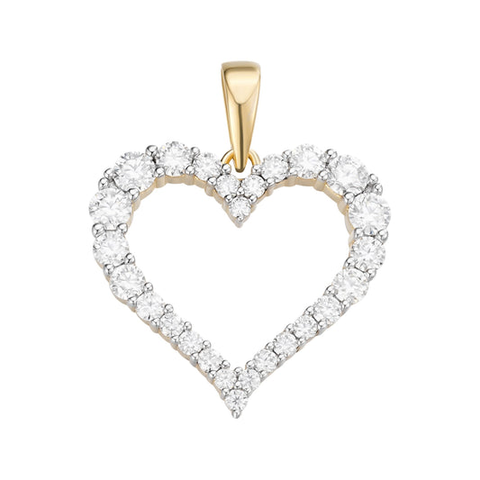 Sterling Silver Round Moissanite Single Row Heart Designer Pendant Rhodium Plated & Gold Plated 1-1/4 CT