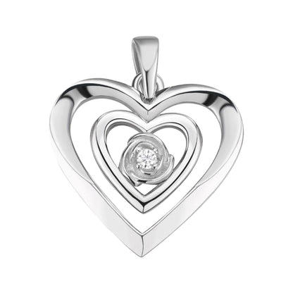 Sterling silver heart pendant featuring three layered hearts and a sparkling center stone