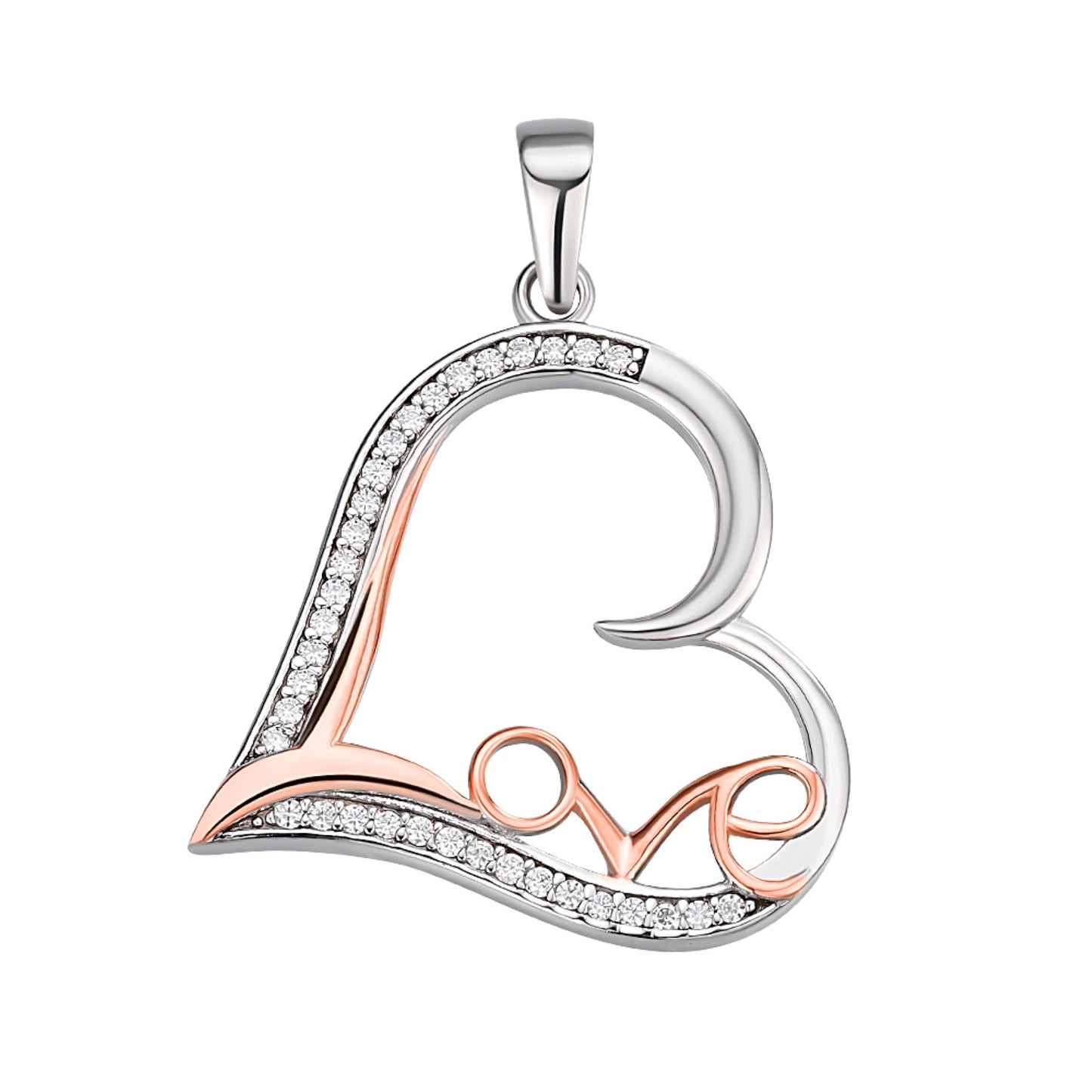 Sterling Silver Round Moissanite Heart With Love Word Designer Pendant Rhodium Plated Rose Gold Plated 1/5 CT