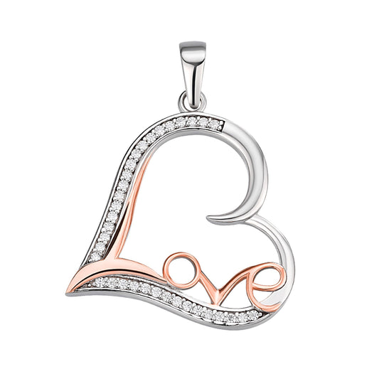 Sterling Silver Round Moissanite Heart With Love Word Designer Pendant Rhodium Plated Rose Gold Plated 1/5 CT