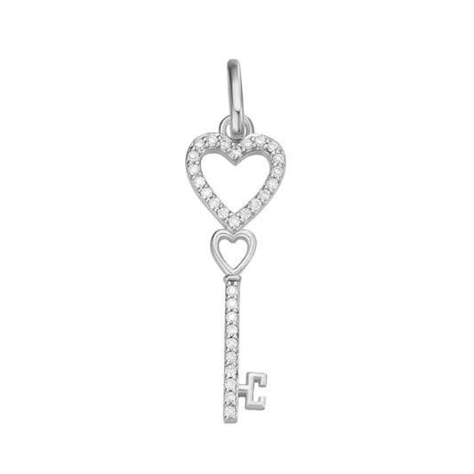 Sterling Silver Round Moissanite Double Heart Key Designer Pendant Rhodium Plated 1/6 CT