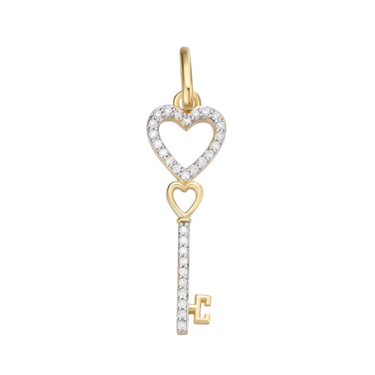 Sterling Silver Round Moissanite Double Heart Key Designer Pendant RP+GP 1/6 Cttw