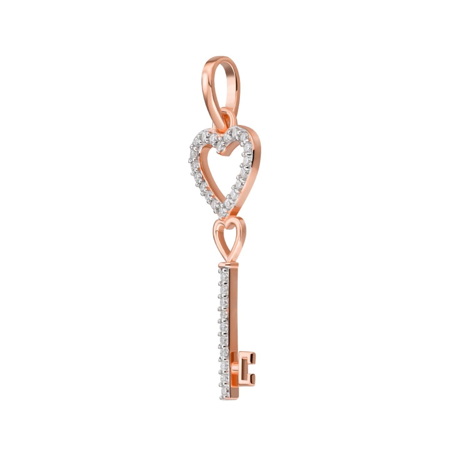 Sterling Silver Round Moissanite Double Heart Key Designer Pendant RP+PP 1/6 Cttw