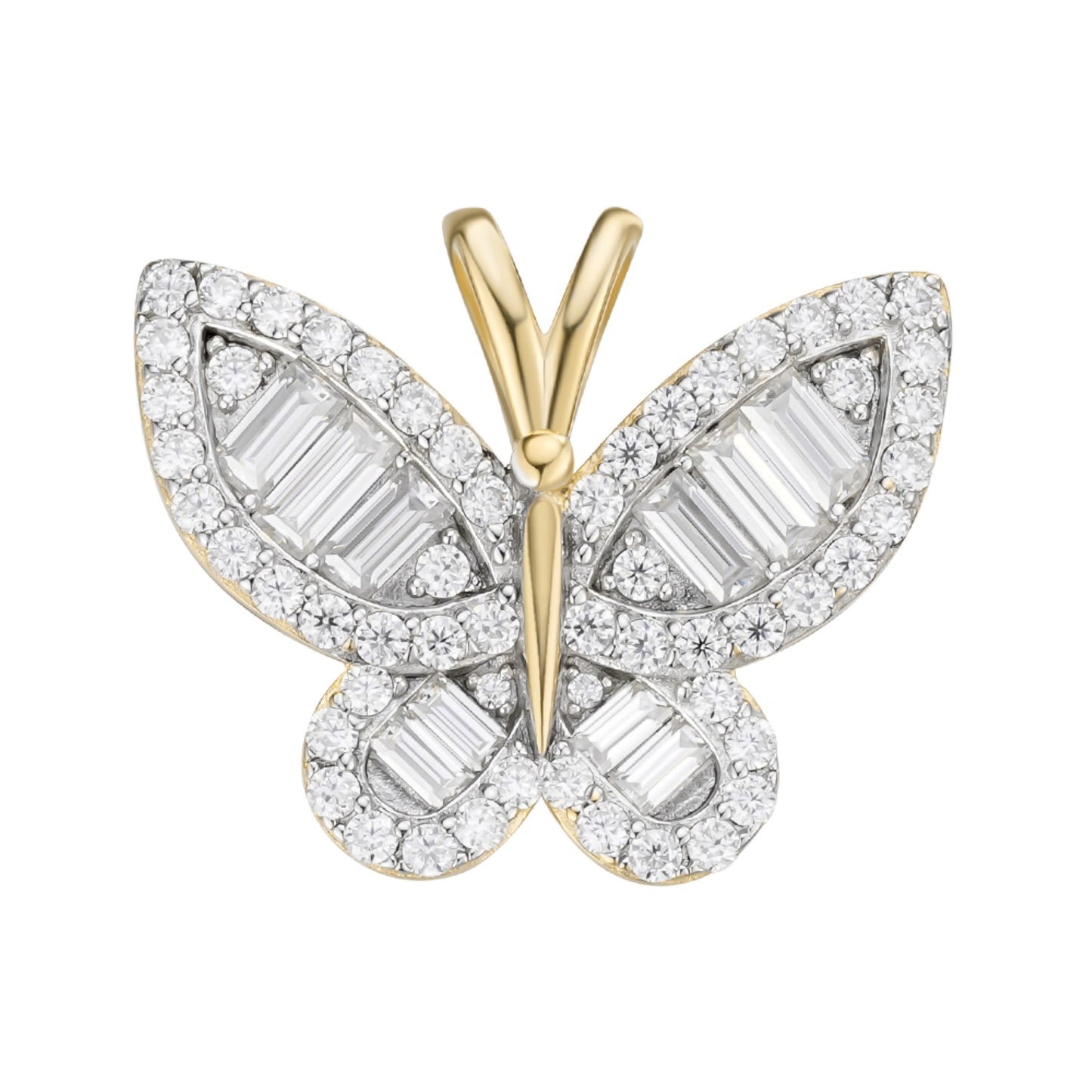 Sterling Silver Round Baguette Moissanite Butterfly Animal Pendant RP+GP 1-7/8 Cttw